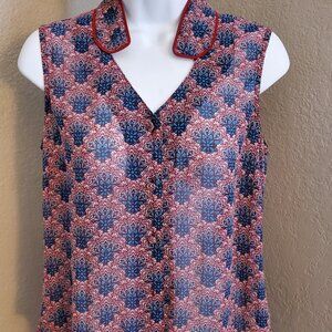 CAbi Burgundy & Navy Fan Sleeveless Button Up Blouse Women’s Sz Small Nearly New